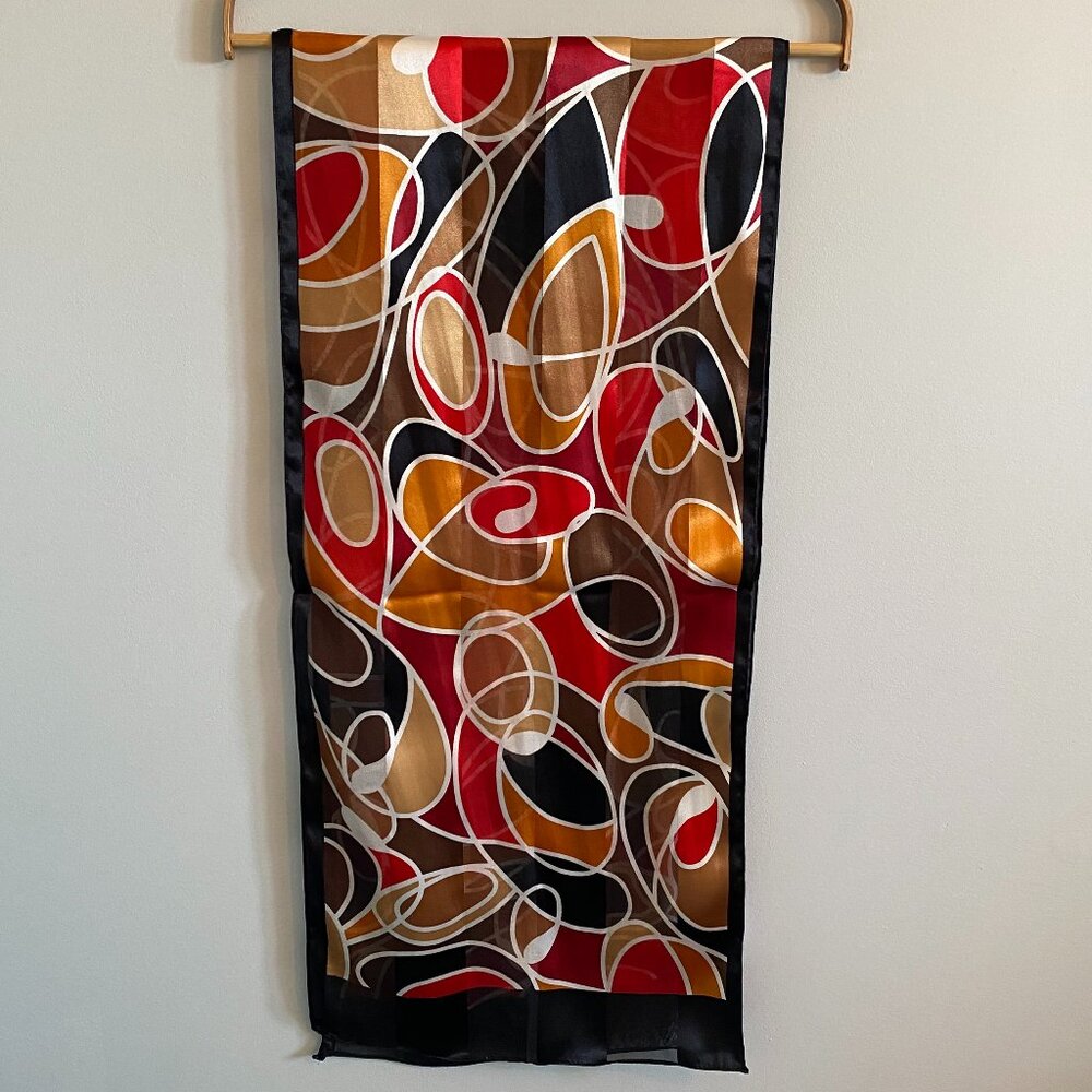 2/$20 👒 Vintage Oldstock Sheer Scarf with Red, Black, Orange Abstract Pattern